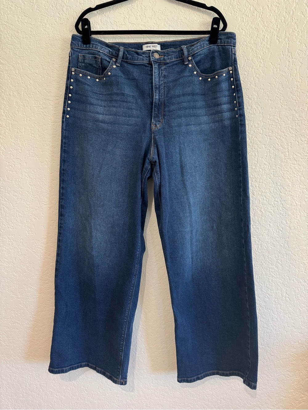 Nine West Women’s Wide Leg Blue Jeans with Stud Accents